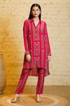 Buy_Sajeda A Lehry_Pink Silk Crepe Printed Floral Leaf Collared Sania High Low Kurta And Pant Set _at_Aza_Fashions