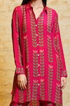 Shop_Sajeda A Lehry_Pink Silk Crepe Printed Floral Leaf Collared Sania High Low Kurta And Pant Set _Online_at_Aza_Fashions