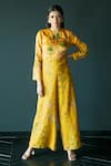 Shop_Shachi Sood_Yellow Tissue Chanderi Embroidered Thread Round Neck Floral Jumpsuit _at_Aza_Fashions