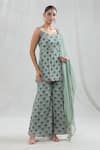 SWATI WADHWANI COUTURE_Green Crepe Print Sequin Scoop Neck Rani Floral Panelled Tunic Pant Set _at_Aza_Fashions