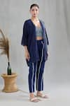 Shop_BANANA labs_Blue 100% Cotton Hand Block Printed Geometric Cape Open Striped Pant Set _Online_at_Aza_Fashions