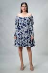 Buy_Khwaab by Sanjana Lakhani_Blue Georgette Printed Floral Off Shoulder Dress