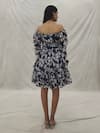 Shop_Khwaab by Sanjana Lakhani_Blue Georgette Printed Floral Off Shoulder Dress