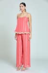Buy_Naintara Bajaj_Peach Viscose Lace Round Neck Woven Stripe Tunic And Flared Pant Set _Online_at_Aza_Fashions