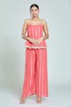 Shop_Naintara Bajaj_Peach Viscose Lace Round Neck Woven Stripe Tunic And Flared Pant Set _Online_at_Aza_Fashions