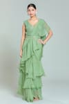 Buy_Samyukta Singhania_Green Georgette Embroidery Sequin V Solid Tiered Pre-draped Ruffle Saree Set _Online_at_Aza_Fashions