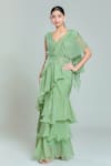 Shop_Samyukta Singhania_Green Georgette Embroidery Sequin V Solid Tiered Pre-draped Ruffle Saree Set _Online_at_Aza_Fashions