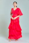 Buy_Samyukta Singhania_Red Georgette Embroidery Sequin V Neck Plain Tiered Pre-draped Ruffle Saree Set _at_Aza_Fashions