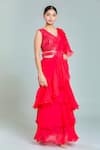 Shop_Samyukta Singhania_Red Georgette Embroidery Sequin V Neck Plain Tiered Pre-draped Ruffle Saree Set _Online_at_Aza_Fashions