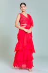 Samyukta Singhania_Red Georgette Embroidery Sequin V Neck Plain Tiered Pre-draped Ruffle Saree Set _at_Aza_Fashions