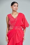 Shop_Samyukta Singhania_Red Georgette Embroidery Sequin V Neck Plain Tiered Pre-draped Ruffle Saree Set 