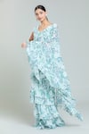 Buy_Khwaab by Sanjana Lakhani_White Georgette Print Woods V Cloudburst Tiered Pre-draped Ruffle Saree Set_at_Aza_Fashions