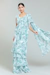 Khwaab by Sanjana Lakhani_White Georgette Print Woods V Cloudburst Tiered Pre-draped Ruffle Saree Set_at_Aza_Fashions