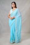 Buy_Samyukta Singhania_Blue Blended Embroidery Mirror V Neck Wave Saree With Blouse _Online_at_Aza_Fashions