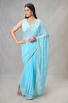 Shop_Samyukta Singhania_Blue Blended Embroidery Mirror V Neck Wave Saree With Blouse _Online_at_Aza_Fashions