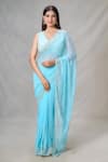 Buy_Samyukta Singhania_Blue Blended Embroidery Mirror V Neck Wave Saree With Blouse 