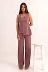 Buy_Kritika Madan Label_Purple Crepe Plain Square Asymmetric Top And Pant Set _at_Aza_Fashions