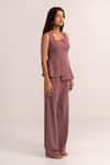 Kritika Madan Label_Purple Crepe Plain Square Asymmetric Top And Pant Set _Online_at_Aza_Fashions