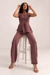 Buy_Kritika Madan Label_Purple Crepe Plain Square Asymmetric Top And Pant Set _Online_at_Aza_Fashions