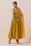 Shop_PRIYAL PRAKASH_Yellow Anarkali Chanderi Leaf Set With Embroidered Dupatta _Online_at_Aza_Fashions