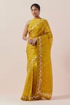 Buy_PRIYAL PRAKASH_Yellow Blouse Chanderi Embroidered Aari Halter Silk Organza Work Saree Set _Online_at_Aza_Fashions