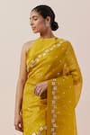 Shop_PRIYAL PRAKASH_Yellow Blouse Chanderi Embroidered Aari Halter Silk Organza Work Saree Set _Online_at_Aza_Fashions