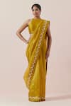 PRIYAL PRAKASH_Yellow Blouse Chanderi Embroidered Aari Halter Silk Organza Work Saree Set _at_Aza_Fashions