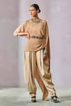 Buy_Tarun Tahiliani_Brown Top Georgette Plain Asymmetric Neck Draped With Dhoti Pant _at_Aza_Fashions