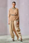 Tarun Tahiliani_Brown Top Georgette Plain Asymmetric Neck Draped With Dhoti Pant _Online_at_Aza_Fashions