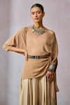 Buy_Tarun Tahiliani_Brown Top Georgette Plain Asymmetric Neck Draped With Dhoti Pant _Online_at_Aza_Fashions