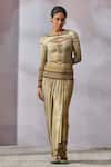 Buy_Tarun Tahiliani_Beige Jersey Print Painting Boat Neck Inspired Cutout Metallic Top _at_Aza_Fashions