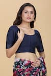 Buy_Kalakaari By Sagarika_Blue Silk Round Neck Lurex Stripe Detailed Blouse _at_Aza_Fashions