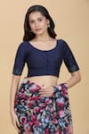 Kalakaari By Sagarika_Blue Silk Round Neck Lurex Stripe Detailed Blouse _Online_at_Aza_Fashions