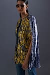 Devina Juneja_Yellow Thick Organza Dori Weave Round Neck Monochrome Leaf Printed Satin Cape _Online_at_Aza_Fashions