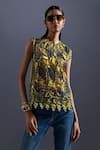 Buy_Devina Juneja_Yellow Thick Organza Fabric Dori Weave Scoop Monochrome Leaf Top With Inner _at_Aza_Fashions