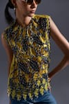 Devina Juneja_Yellow Thick Organza Fabric Dori Weave Scoop Monochrome Leaf Top With Inner _Online_at_Aza_Fashions