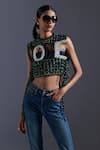 Buy_Devina Juneja_Green Scrap Leather Dori Weave High Round Neck And Love Vest Top _at_Aza_Fashions