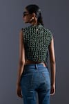 Shop_Devina Juneja_Green Scrap Leather Dori Weave High Round Neck And Love Vest Top _at_Aza_Fashions