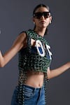 Devina Juneja_Green Scrap Leather Dori Weave High Round Neck And Love Vest Top _Online_at_Aza_Fashions