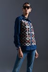 Devina Juneja_Blue Thin Denim Applique Scrap Leather Collar Mosaic And Lace Embellished Shirt _Online_at_Aza_Fashions