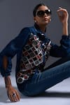 Buy_Devina Juneja_Blue Thin Denim Applique Scrap Leather Collar Mosaic And Lace Embellished Shirt _Online_at_Aza_Fashions