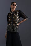 Buy_Devina Juneja_Black Tulle Leather Weave Round Neck Geometric Jaal Applique Top_at_Aza_Fashions