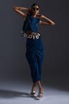 Buy_Devina Juneja_Blue Thin Denim Scrap Leather Boat Neck And Dori Sphere Tassel Embellished Top _at_Aza_Fashions