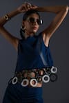 Devina Juneja_Blue Thin Denim Scrap Leather Boat Neck And Dori Sphere Tassel Embellished Top _Online_at_Aza_Fashions