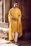 Buy_MATSYA_Yellow Linen Embroidered Stole Floral Royal Straight Kurta Pant Set_at_Aza_Fashions