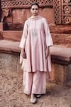 Buy_MATSYA_Peach Chanderi Embroidery Kachi Dori Round Neck A-line Panelled Kurta Pant Set_at_Aza_Fashions