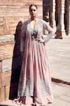 Buy_MATSYA_Pink Crepe Embroidery Dori Cape Mandarin Collar Rose Empress Wing Lehenga Set _at_Aza_Fashions