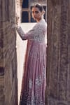 Shop_MATSYA_Pink Crepe Embroidery Dori Cape Mandarin Collar Rose Empress Wing Lehenga Set _Online_at_Aza_Fashions