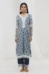 Buy_Yuvraani Jaipur_Blue Chanderi, Cotton Embroidery, Lace, Tassels V-neck Floral Pattern Kurta Set _Online_at_Aza_Fashions