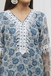 Buy_Yuvraani Jaipur_Blue Chanderi, Cotton Embroidery, Lace, Tassels V-neck Floral Pattern Kurta Set 